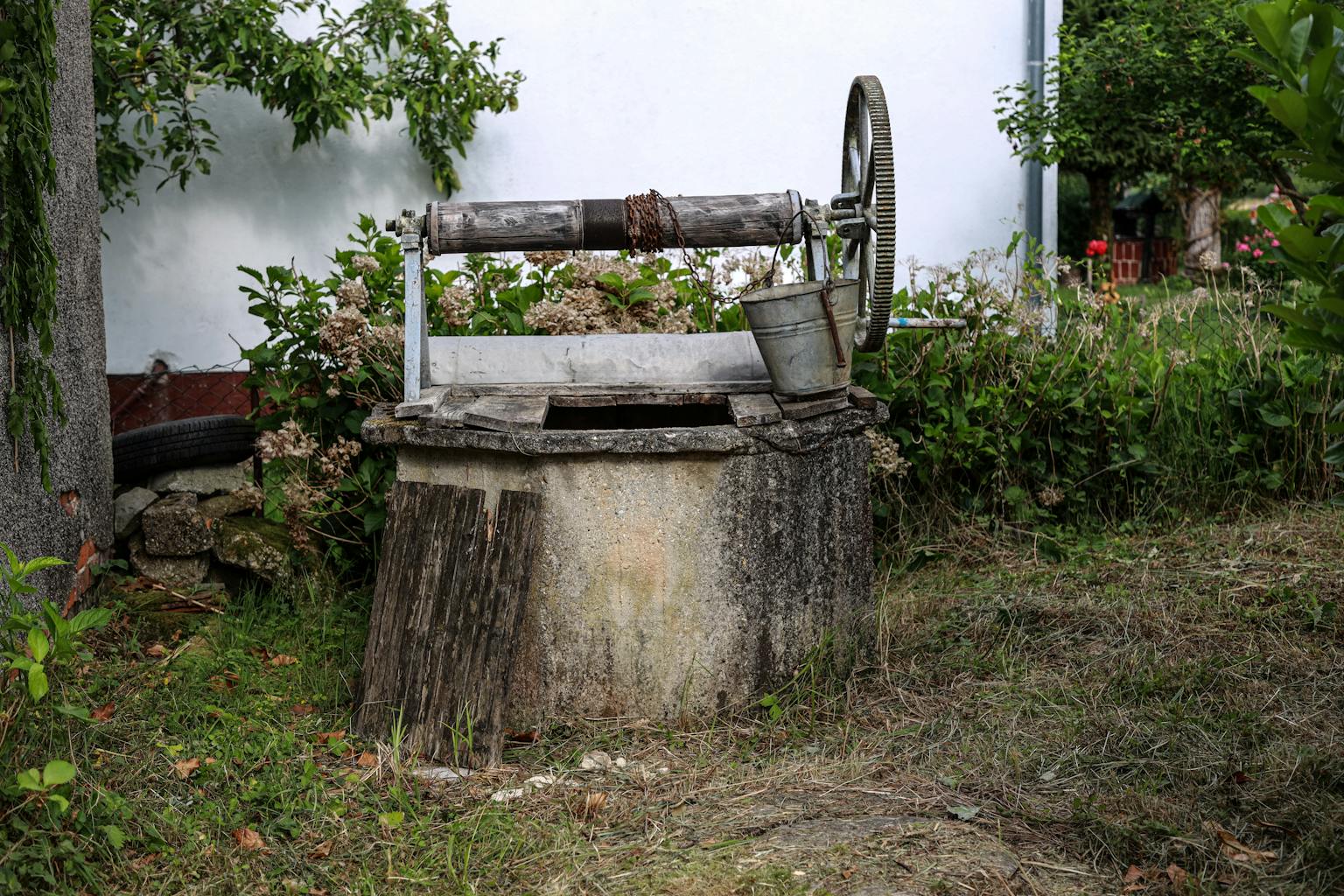 A charming old stone well with a metal bucket set amidst lush garden greenery.
